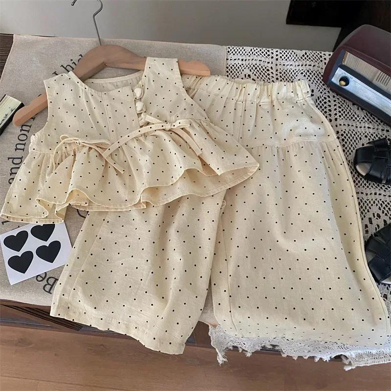 Summer New Girls Clothing Polka Dot Love Single Breasted Top+ Pants 2P Set Girls Clothing Children s Cute Set 3T