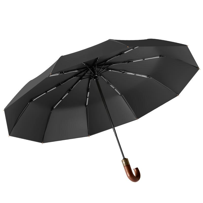 Automatic umbrella wooden handle curved hook men's oversized wind-resistant vinyl sunscreen folding men's and women's gifts rain and shine umbrella