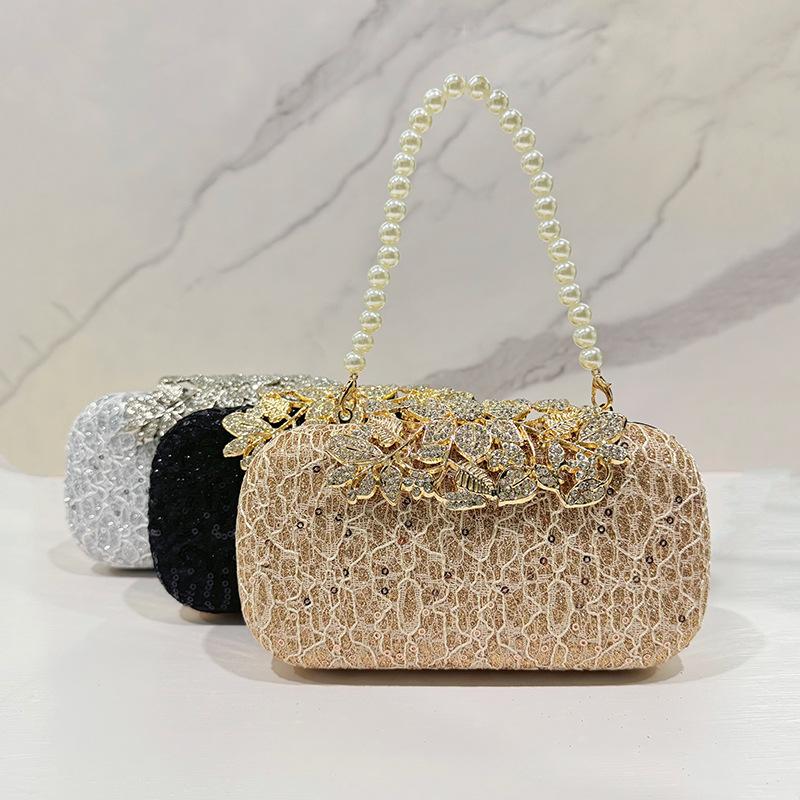 Luxus Hochwertige Diamantbesetzte Spitze Abend-Clutch Tasche Strassblume Hochzeit Perlen Handtasche Bankettkleid Umhängetasche