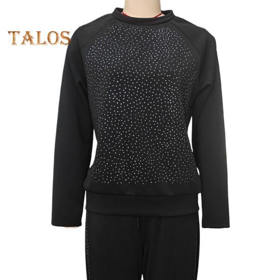 2 Teile/satz Frauen Top Hosen Anzug Strass Dekor O Hals Langen Ärmeln Patchwork Sport Sweatshirt Elastische Taille Hose Fitness Outfit Herbst frühling