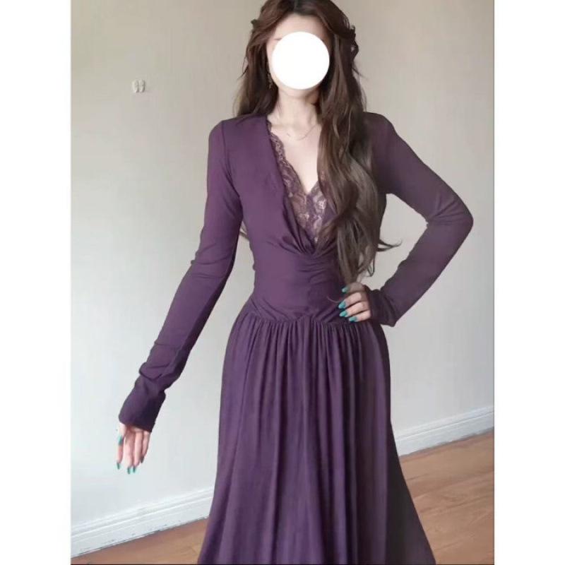 French Lace Patchwork V-Neck Dress - Women's Sexy Waist-Cinching Autumn 2025 Arrival