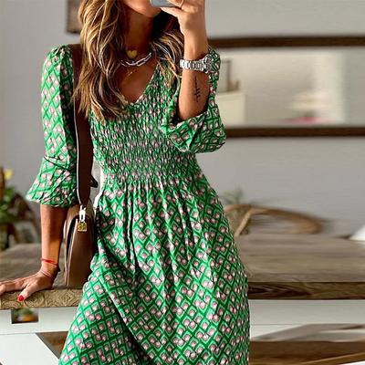 Spring and Autumn Women's Dress Fashion Women's V-Neck Long Dress Waisted Floral Printed Swing Dress