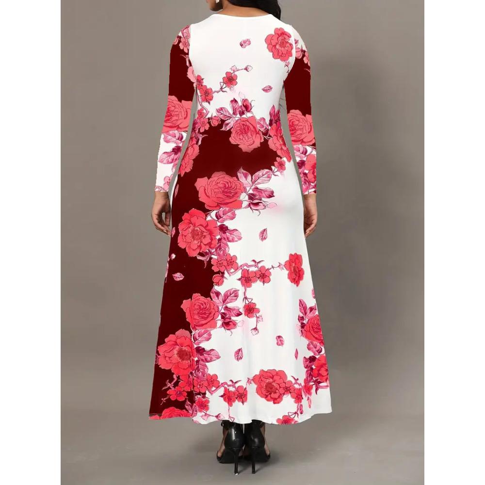 Women's Long Sleeve Round Neck Printed Pocket Long Elegant Dress