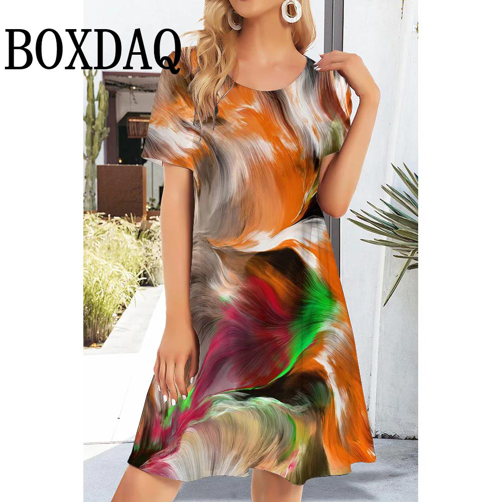 2025 Summer Dresses Fashion Women Abstract 3D Printing Print Dress Short Sleeve Casual O-Neck A-Line Dress Loose Clothing Spring