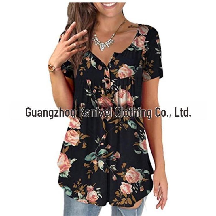 Women Summer Casual Floral Print Short Sleeve Henry Shirt