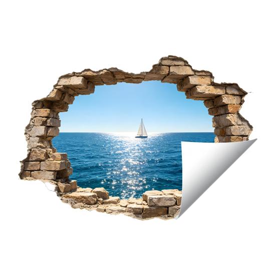 Yousheng 3D Broken Wall Ocean View Sticker, Coconut Tree Beach Decorative Decal, Waterproof Peel-And-Stick Wall Art for Living Room, Bedroom,