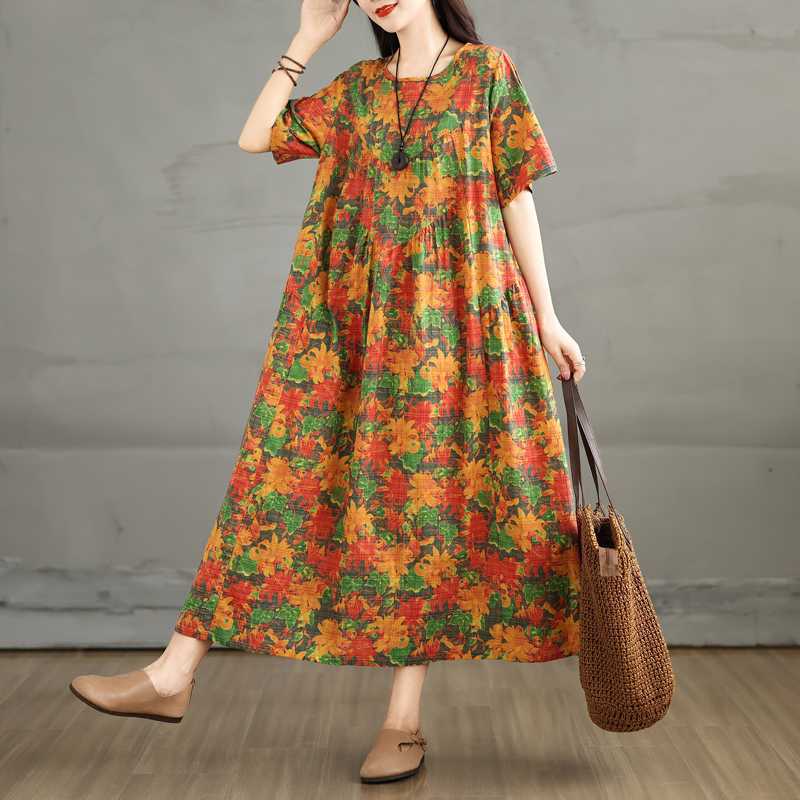 Summer Retro Cotton and Linen Round Neck Short Sleeved Dress, Women's Loose Skirt