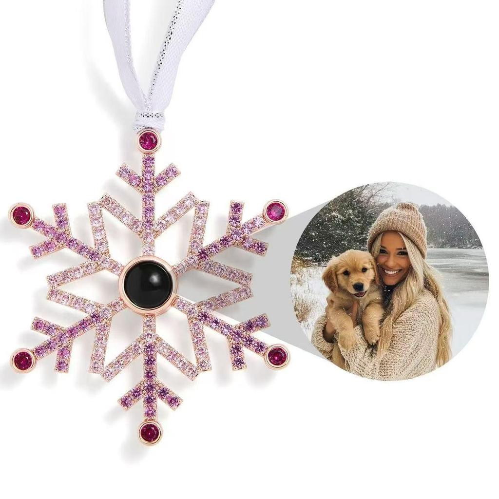 7mm Snowflake Projection Necklace with HD Color Photo and Text Pendant - European & American Christmas Gift.