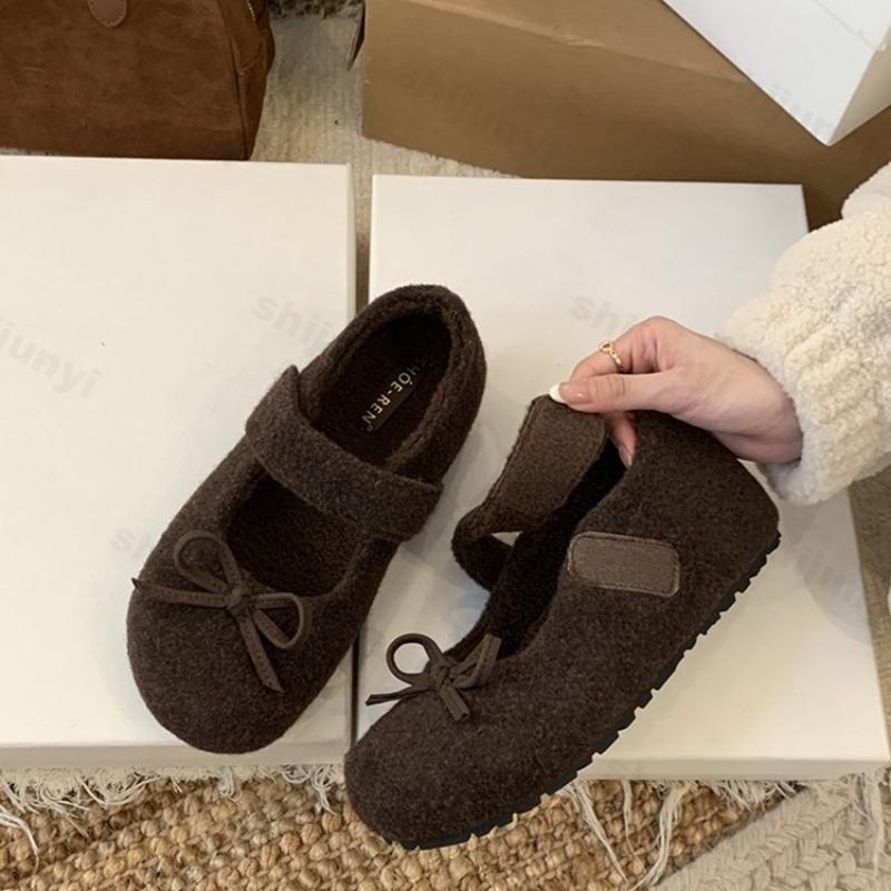 Fashion Women's Cotton Shoes 2025 Winter New Plush Thicken Warm Mary Jane Shoes Fashion Bow Knot Lightweight Comfortable Casual Flats