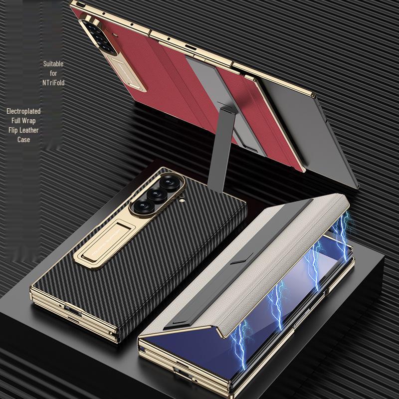 Samsung ZFold Magnetic Leather Phone Case - Electroplated, Anti-Drop, Folding Stand, Business Style