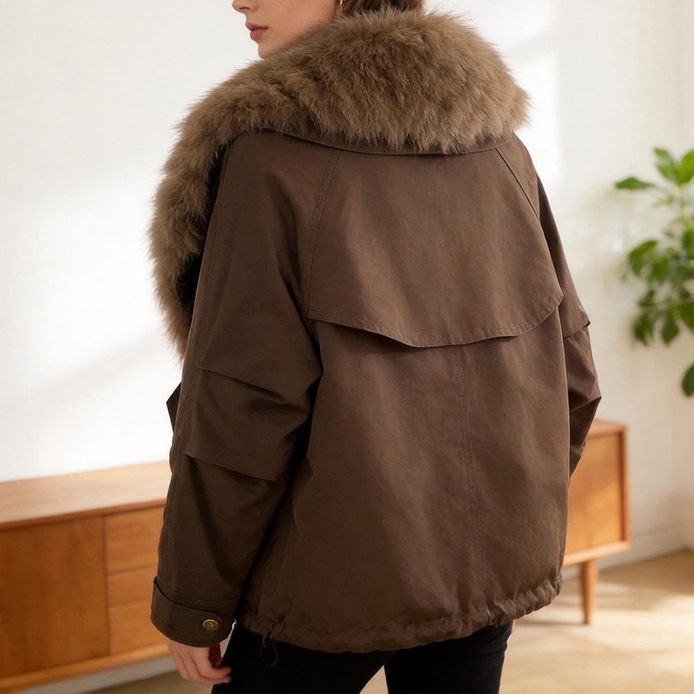 Women's White Duck Down Leather Coat with Fox Fur Collar and Lapel