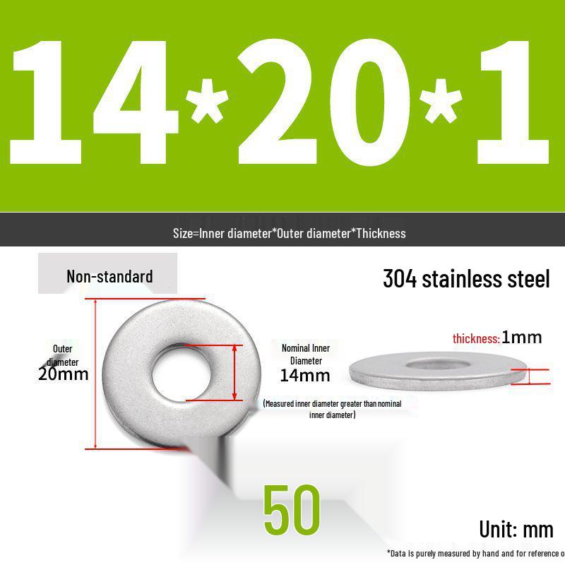 304 Stainless Steel Thickened Flat Washer Ring - Various Sizes (M1.6-M22)