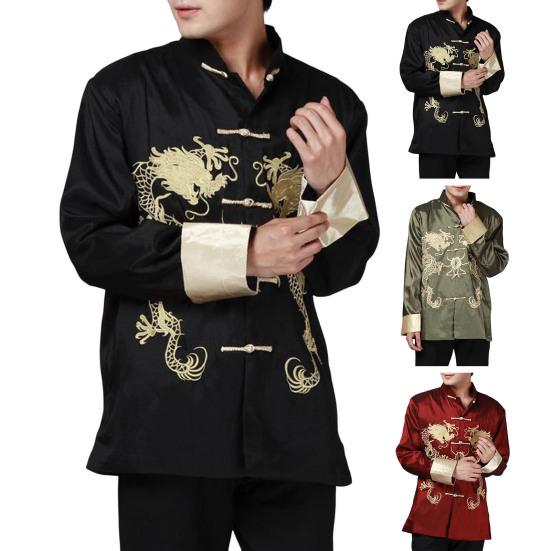 Sako v stylu Tang se dvěma draky Retro čínský styl Dlouhý rukáv Stojáček Kabát Tradiční čínské oblečení