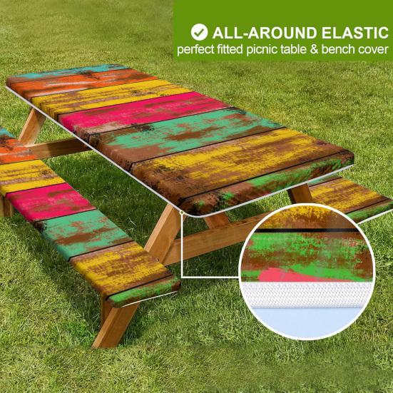 Picnic Table Cover Set American Flag Fitted Table Cover with 2 Bench Covers Waterproof Windproof Tablecloth with Elastic Edges for Outdoor Camping