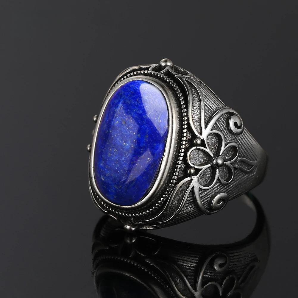 High Quality Silver S Ring Natural 11x17MM Oval Lapis Rings for Men Women Party Anniversary Gift Fine