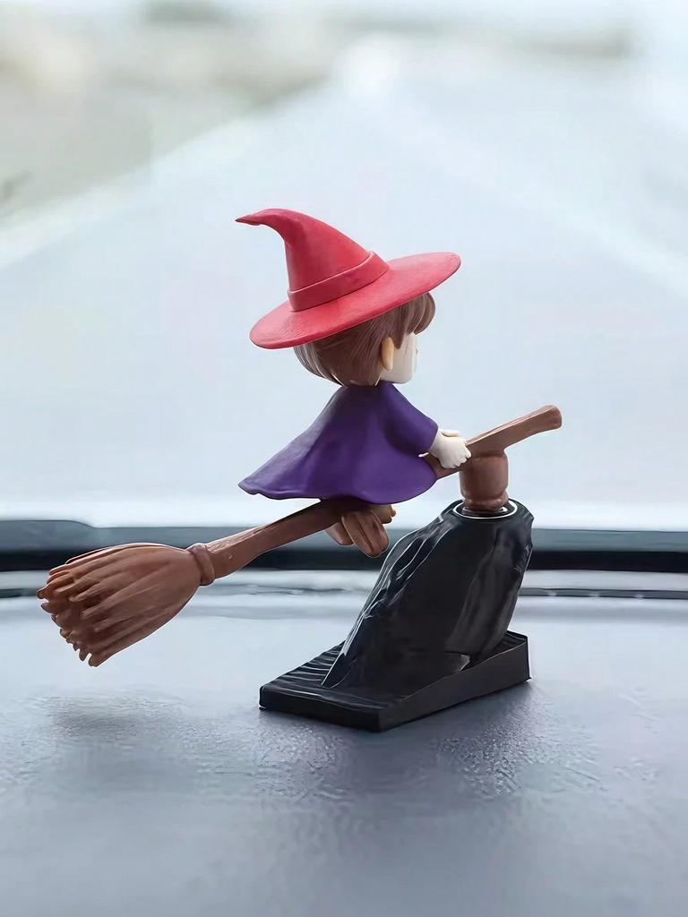 Witch on Broom Car Ornament, ABS Resin Dashboard Decor, Creative Car Interior Gift for Women