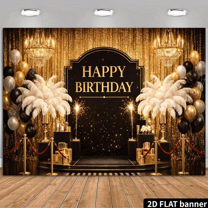 2D Roaring 20s Happy Birthday Backdrop Black Gold Glitter Curtain Party Background Banner