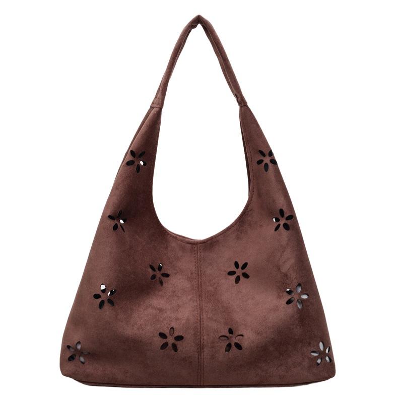 Floral Cutout Suede Hobo Bag with Open Top Design Large Capacity Fashion Shoulder Bag