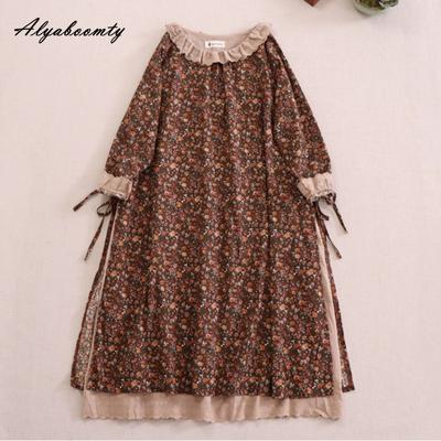 Japanse Mori Girl Lente Herfst Vrouwen Midi Jurk Gerimpelde Kraag Bloemenprint Patchwork Retro Jurk Vintage Katoen Linnen Borduurwerk Uitgeholde Jurk