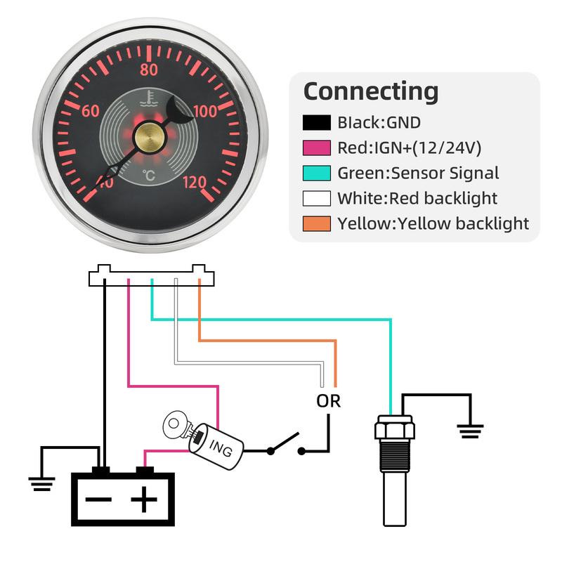 ZMFJH Retro Pointer 52MM Water Temperature Gauge with Sensor 301-23ohm Red Yellow LED 40-120℃ Water Temp Meter Auto Car Boat