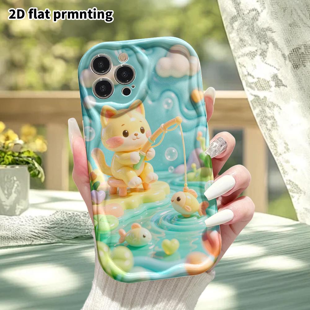 Phone Case: 2D flat design suitable for iPhone 18 17 16 15 14 13 Pro protective case, fishing little yellow cat, perfect Christmas and Halloween holid