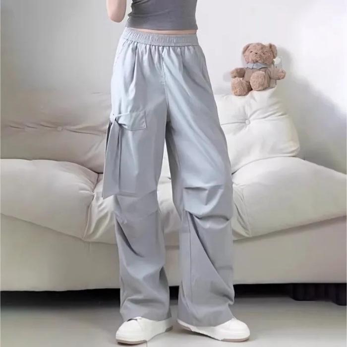 

Women s Grey Bowknot Cargo Pants - Casual Commuter Style, Loose Wide-Leg, Summer Straight Fit. 2XL серый