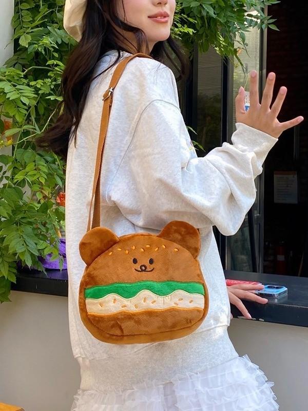 Soft Velvet Hamburger Bear Crossbody Bag With Embroidery For Daily Use