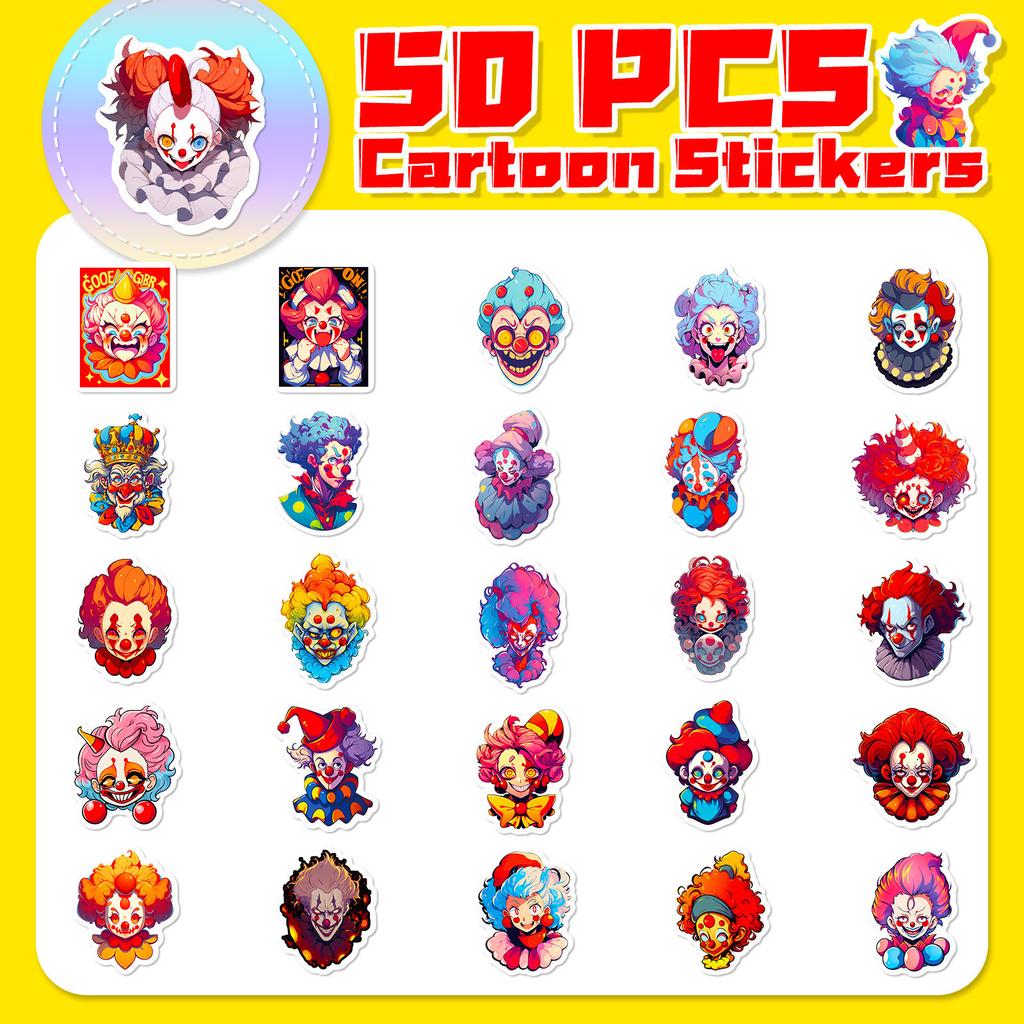 50 Funny Clown Stickers Circus Hip-hop Clown Doodle Stickers Cartoon Graffiti Suitcase Stickers
