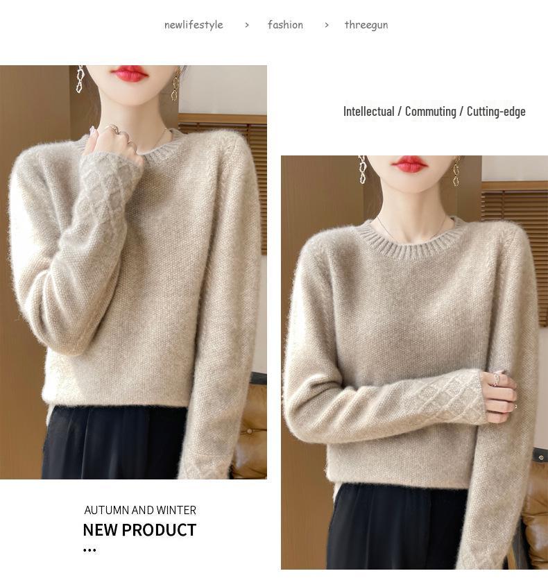 Women's 100% Wool Thick Knitted Slim Sweater, Round Neck, Versatile Base Layer for Autumn/Winter Fashion.
