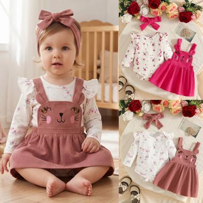 Infant Baby Girl Long Sleeve Bodysuit Set Suspender Dress with Double Layer Printed Skirt and Headband Toddler Outfit