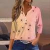Women's Fashion Casual T-Shirt V-Neck Seven Sleeve  Printed Button Top