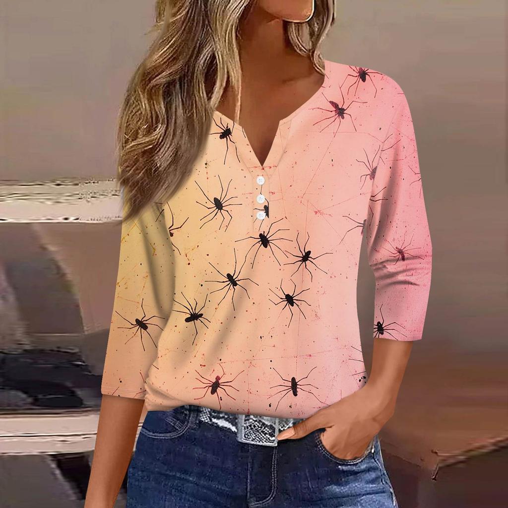 Women's Fashion Casual T-Shirt V-Neck Seven Sleeve  Printed Button Top