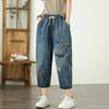 Sommer Damen Übergröße Hohe Taille Lockere Jeans Vintage Stickerei Haremshose Elastischer Bund