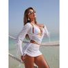 Sexy Weiß Schwarz 4-teilige Bikini-Sets Damen Langarm Mesh Cover-Up Rock Badeanzug Strand Badeanzug Urlaubsbademode Biquini