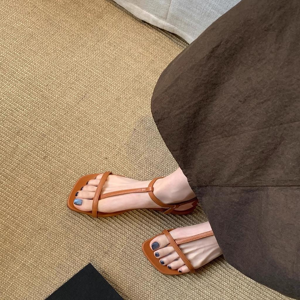 Sheepskin version~ Grape mother, the same fashionable diagonal cut square T-shaped belt leather toe versatile flat-soled sandals women's summer