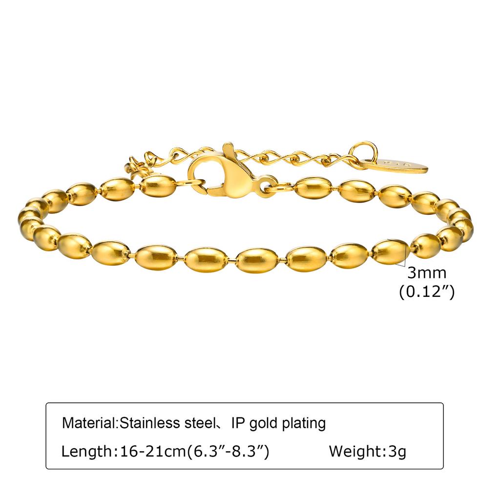 Ladies Stainless Steel Chain Width 2Mm 3Mm 5Mm Rugby Bead Bracelet 18K Gold