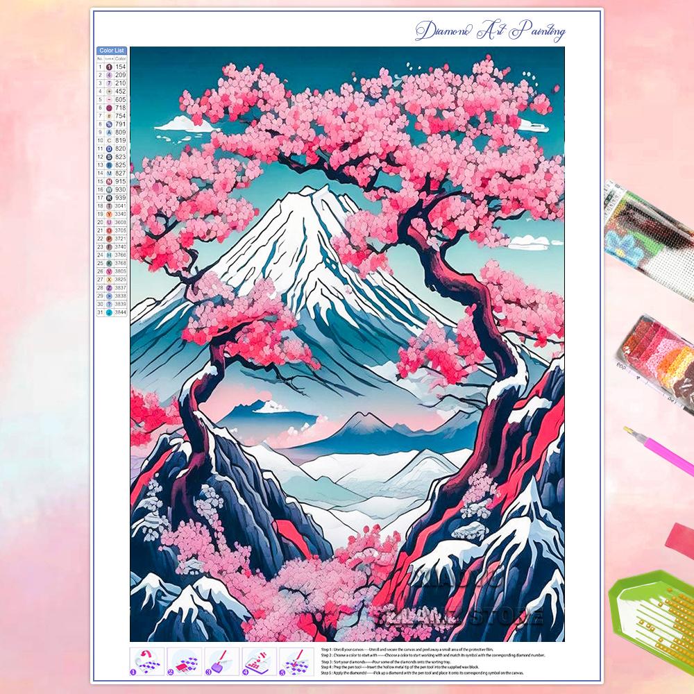 DIY Diamond Painting Cherry Blossom Fuji Mountain Landscape Mosaic Embroidery Cross Stitch Kit Living Room Home Art Wall Decor