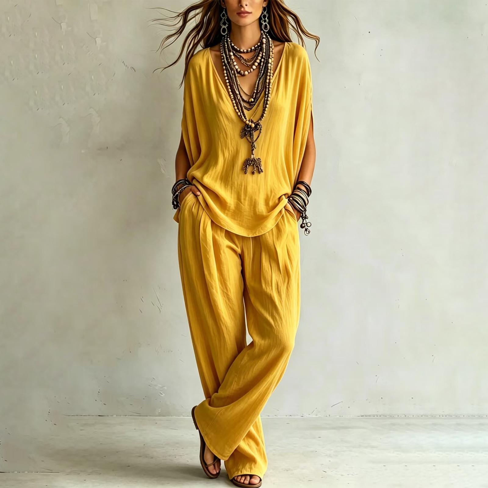 

Women V Neck Batwing Sleeve Top and Loose Fit Long Pants Two Piece Set Casual Summer Outfit Lightweight Soft Fabric XXL жёлтый