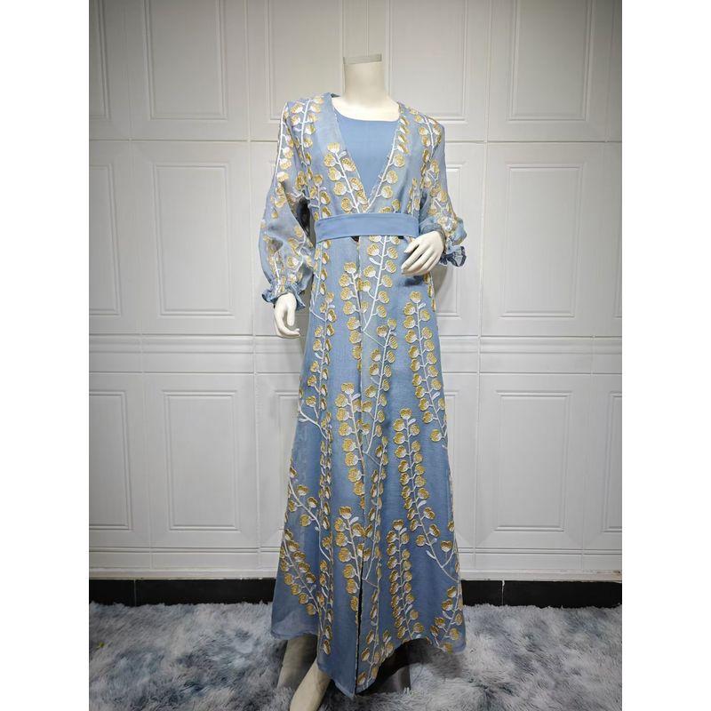 

New Arrival Middle East Embroider Cardigan Dress Two-Piece Suit Embroidered Dress Two-Piece Set Blue L