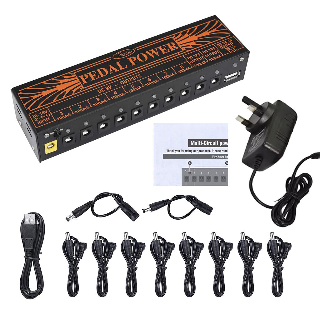 Rowin PW-01 Guitar Pedal Power Supply 10 Isolated DC Output for 9V/12V/18V Guitar Bass Effect Pedals with USB Charging-