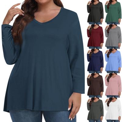 Womens Plus Size Tops Long Sleeve Shirts V Neck Casual Clothing Clothes Solid Color Tops