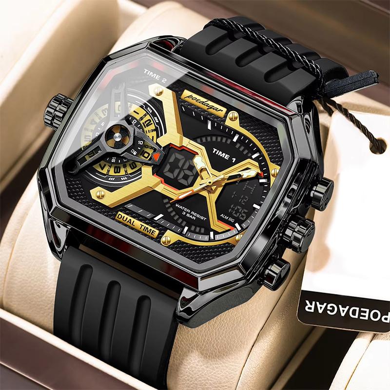 Luxury Men Wristwatch Date Week Luminous LED Quartz Man Clock Silicone Strap Electronic Dual Time Fashion Men's Watches