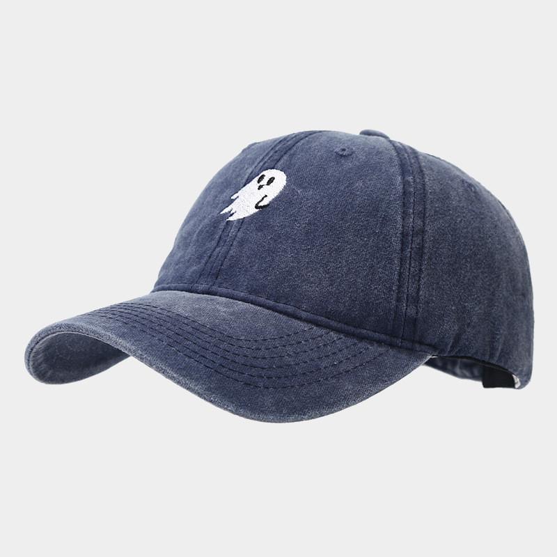 Ghost Embroidered Denim Baseball Cap With Sun Protection For Casual Outdoor Wear