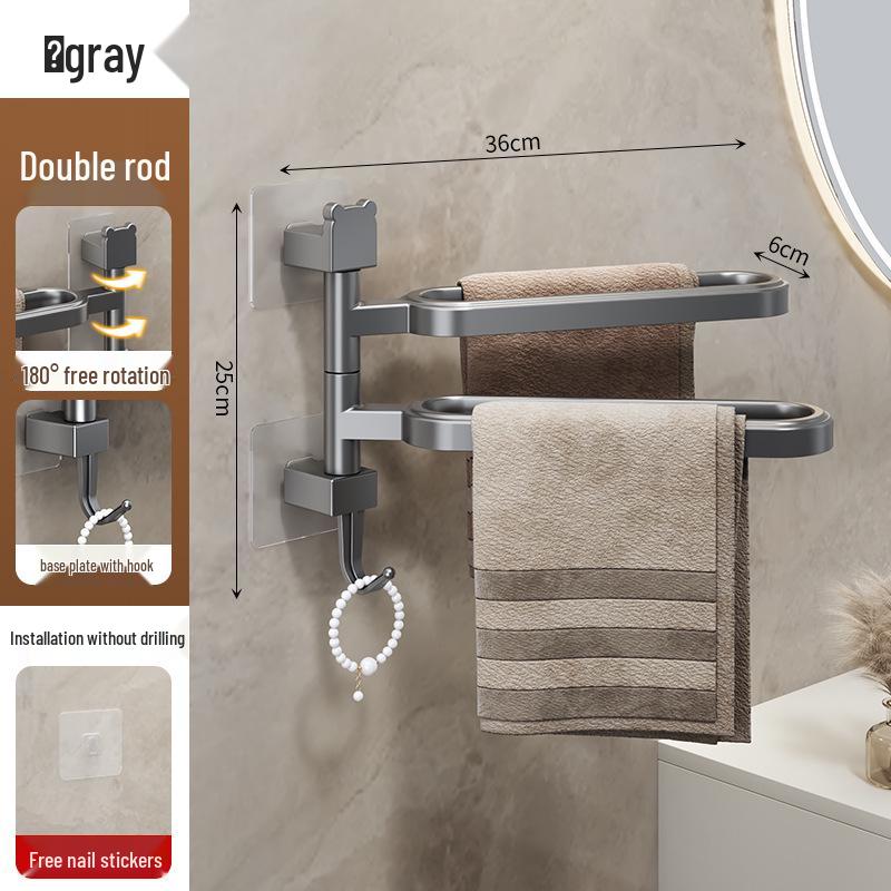 Wall-Mounted No-Drill Rotating Towel Rack and Shelf for Bathroom Storage