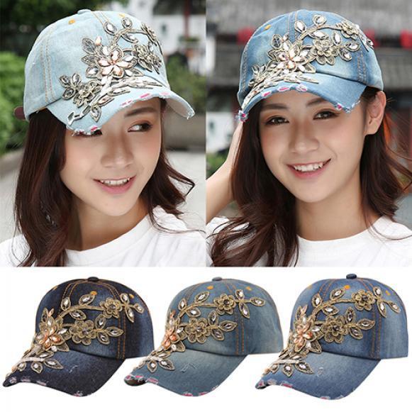 Women's Embossing Flower Denim Baseball Summer Rhinestone Inlaid Jeans Hat