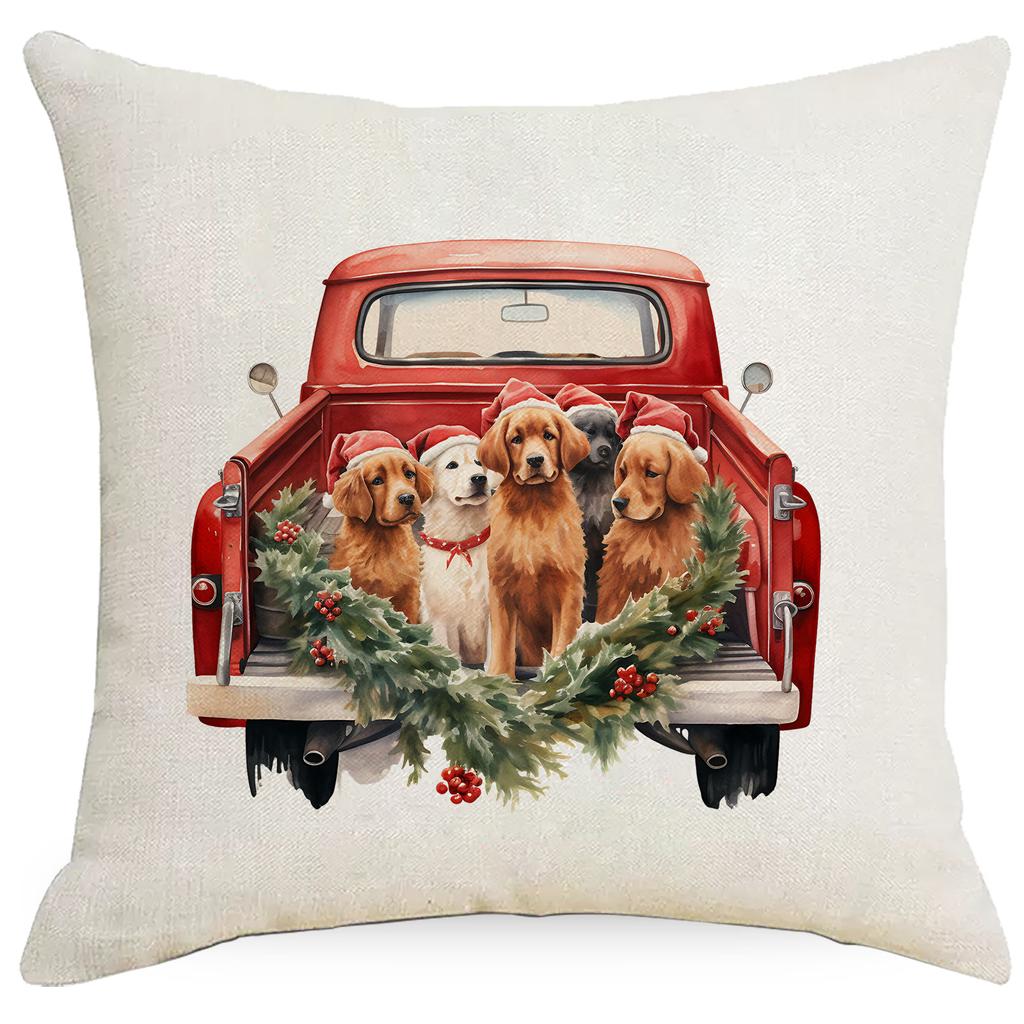 New Christmas Pillowcase Vintage Red Truck Cute Dog Christmas Tree Print Cushion Cover