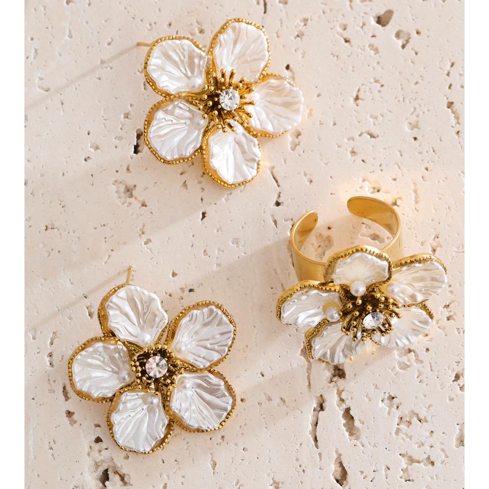 Eetit Popular Stainless Steel Resin Pearls Flower Retro Stud Earrings Ring Set Waterproof Fashion Trendy Attractive Jewelry 2025
