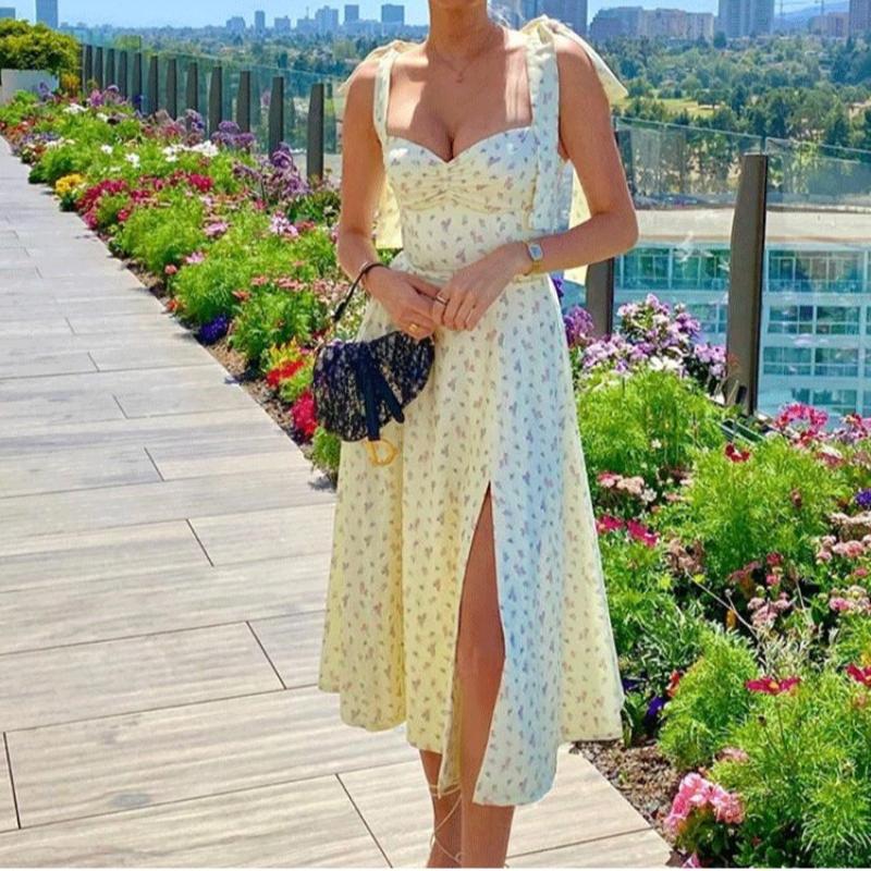 Fashion Floral Backless Summer Women's Dress Sexy Lace-up Spaghetti Strap Split Casual Dresses Women Slim Fit Print Vacation Beach Ladies Dress 26273