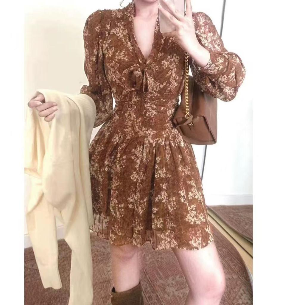 Coffee break French temperament old money wind floral dress children's summer new long-sleeved chiffon waist skirt