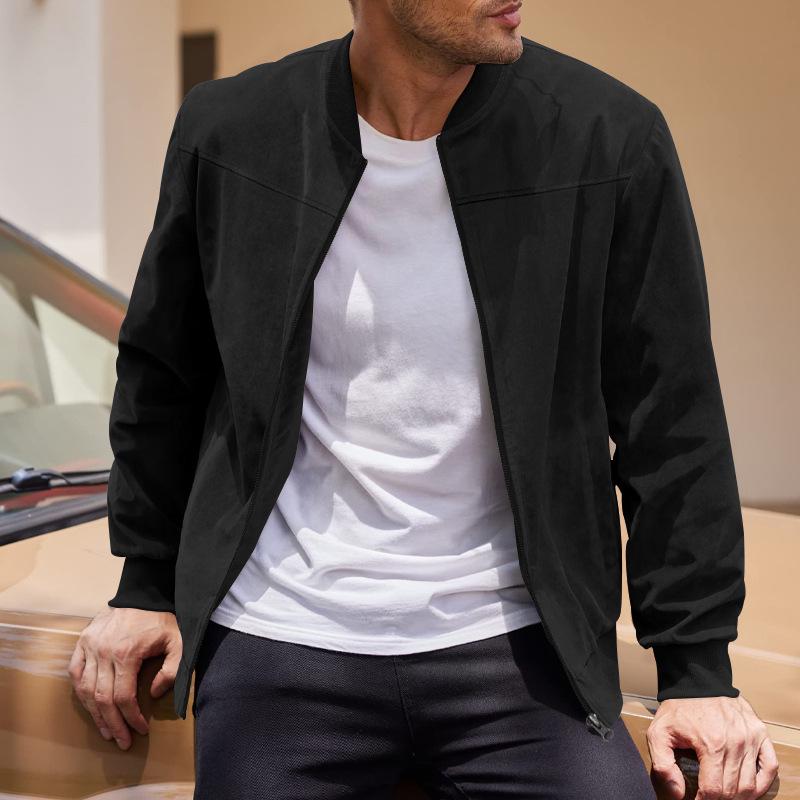 Men's Spring/Autumn Suede Zipper Cardigan Jacket with Stand Collar and Patchwork Design